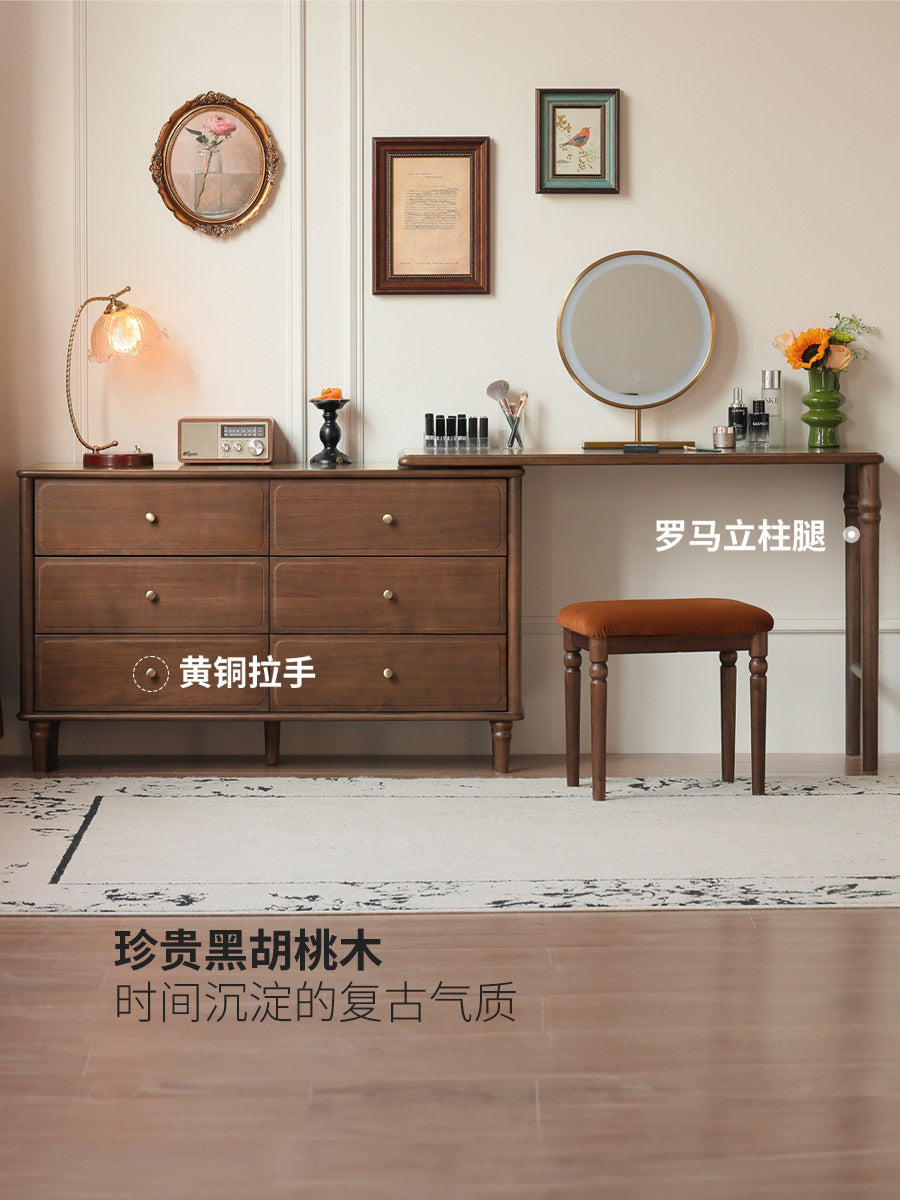 【预售25天】实木化妆桌美式复古黑胡桃木化妆台卧室可旋转斗柜梳妆台